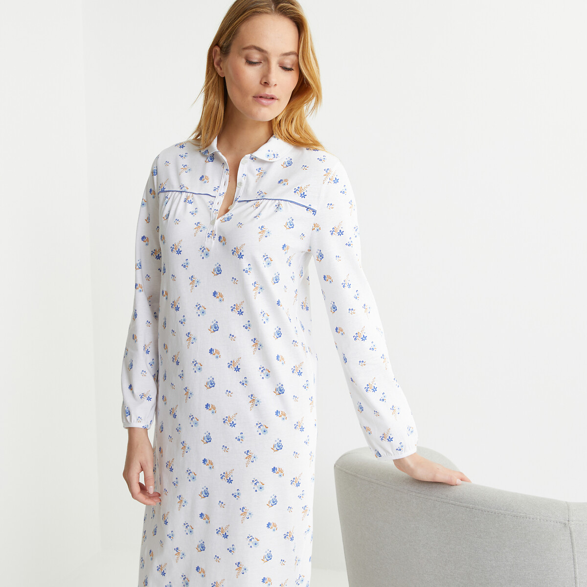 Floral Print Cotton Nightdress with Long Sleeves