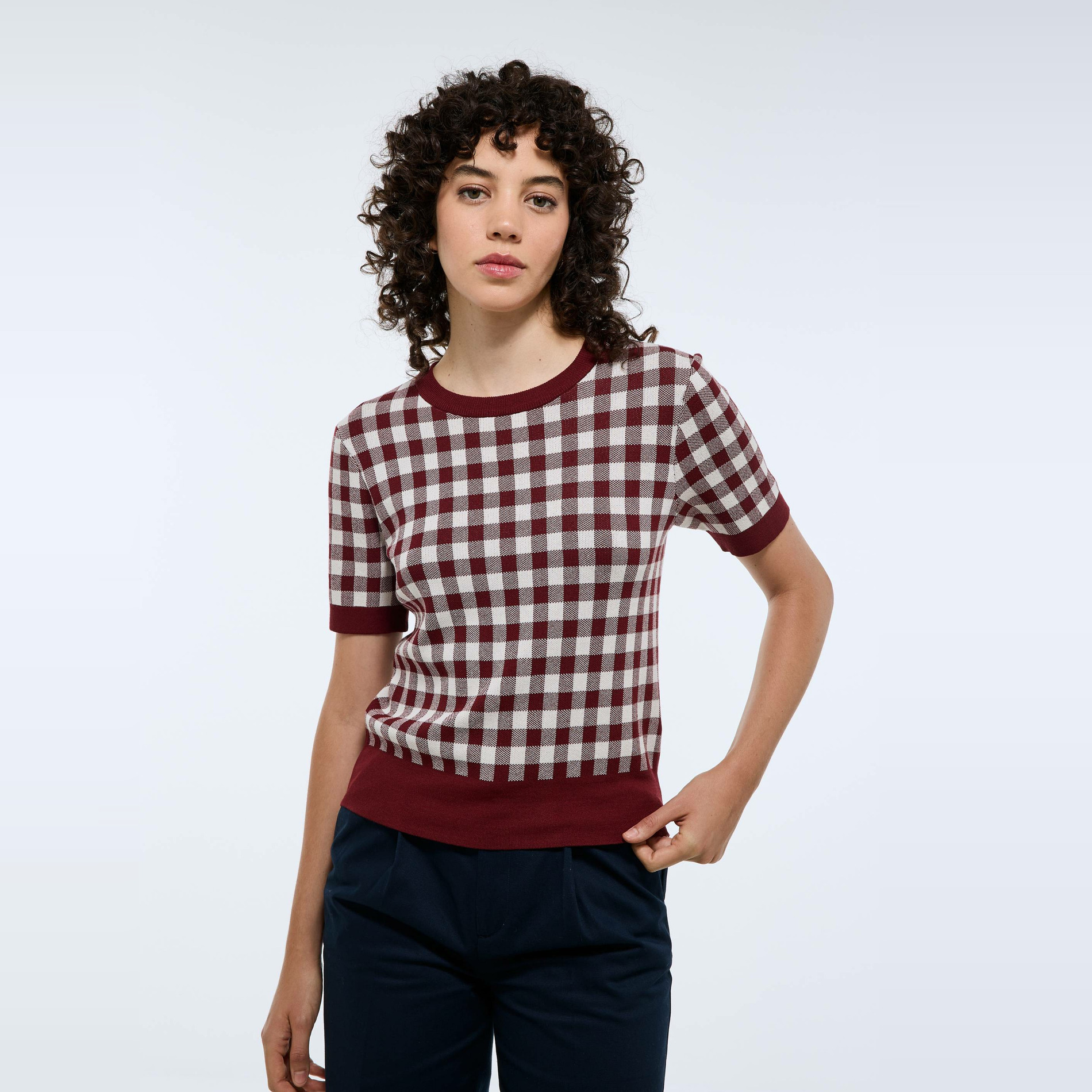 Pull manches courtes motif vichy, MONOPRIX