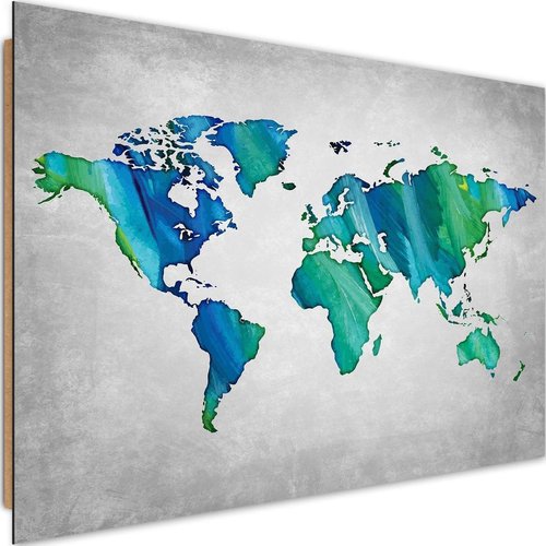 Tableau carte du monde bois bleu-vert Couleur gris Recollection