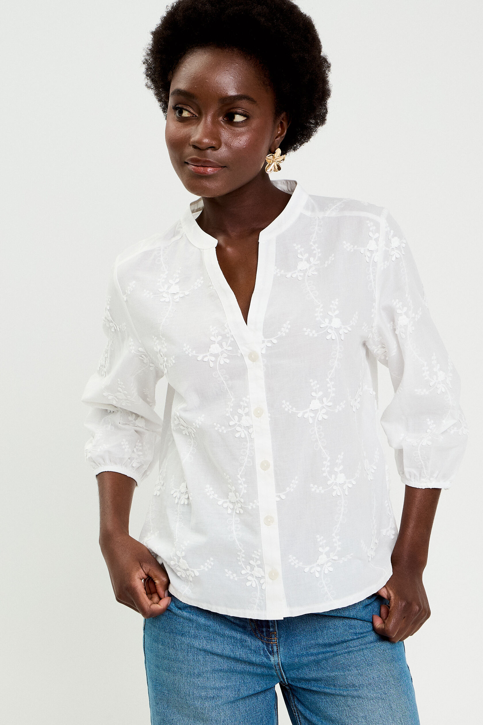 Blouse brodée col mao manches 3/4, CACHE CACHE
