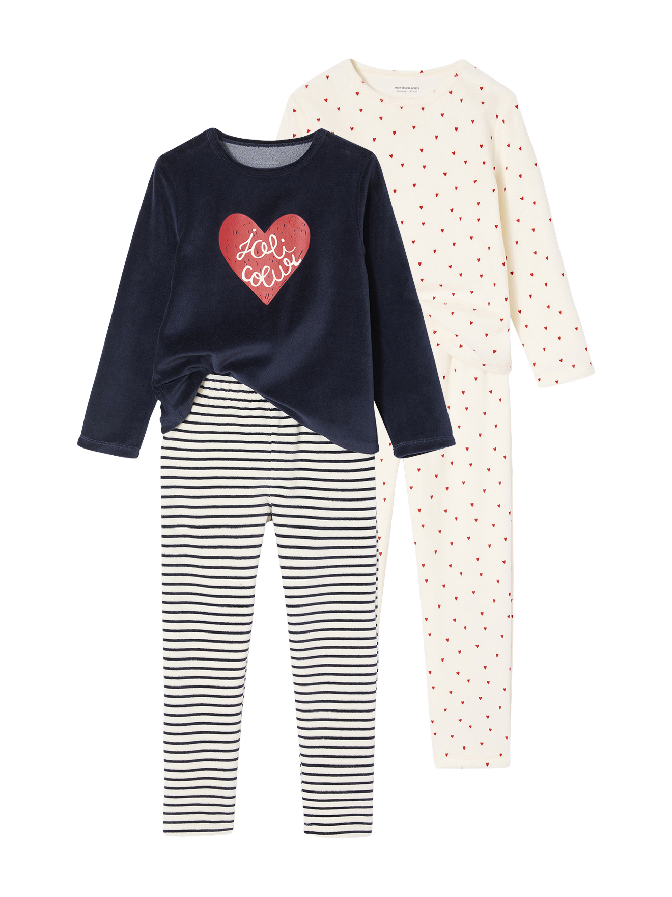 Lot 2 Pyjamas Velours Fille Coeurs, VERTBAUDET