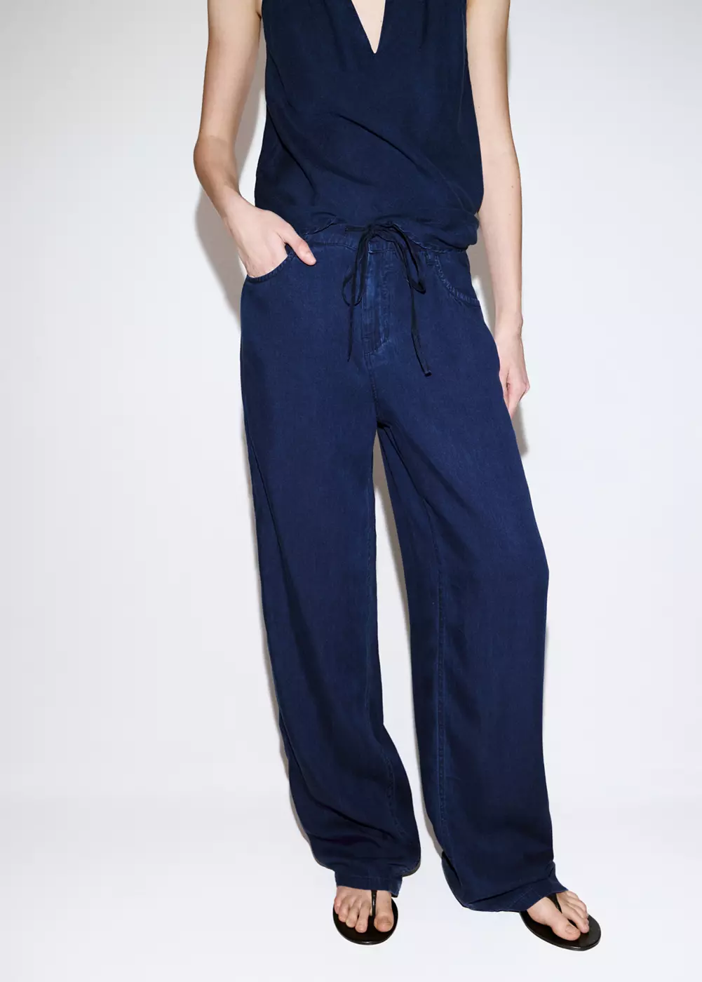 Pantalon denim ceinture nœud, MANGO