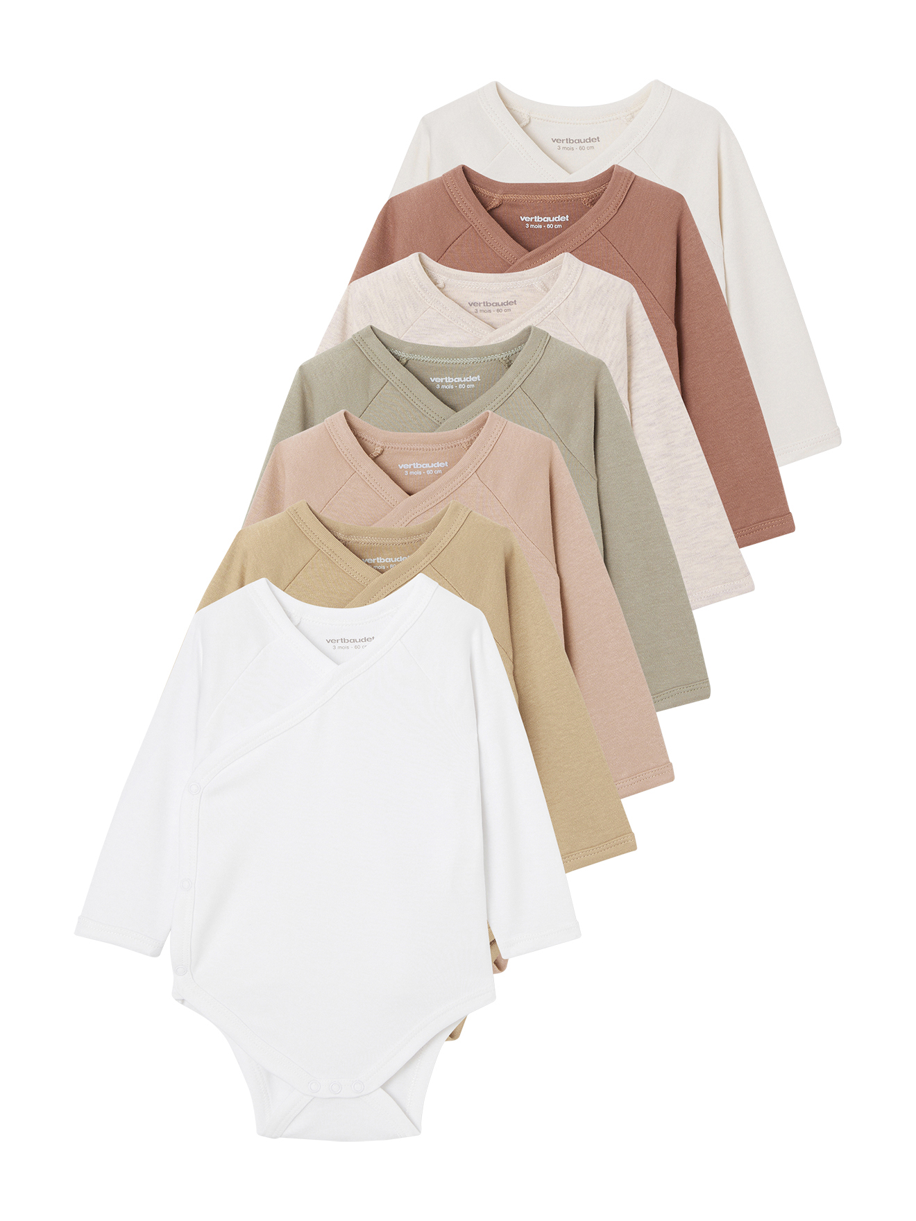 Lot de 7 bodies en coton Bio manches longues ouverture naissance BASICS, VERTBAUDET