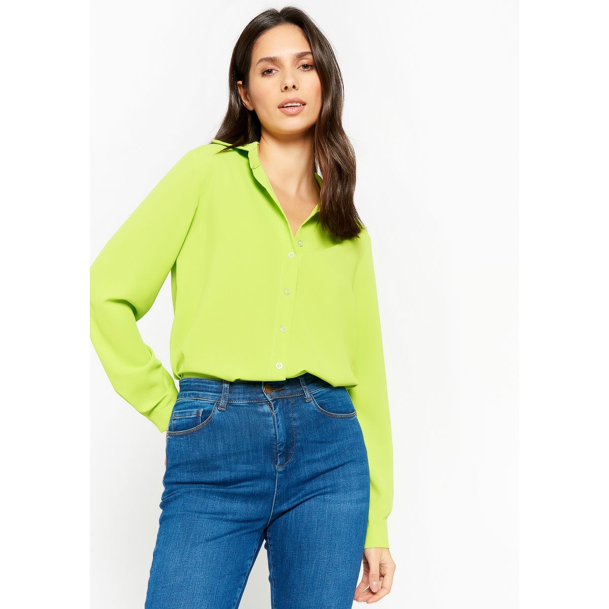 Chemise jaune imprimé abstrait à coupe droite col français et à manches