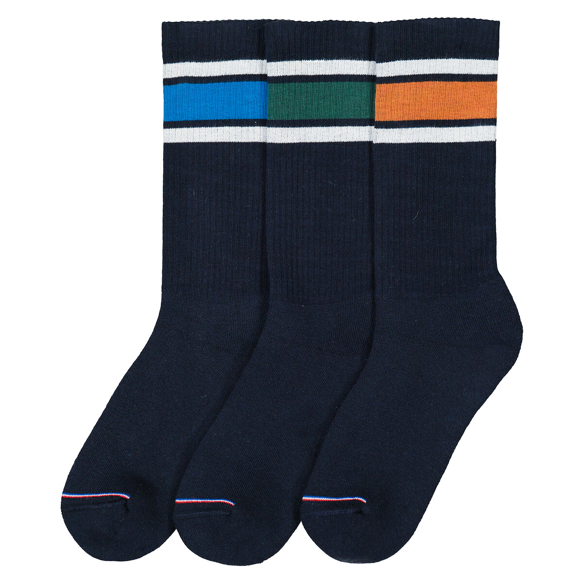 Pack of 3 pairs of socks, navy with ecru stripes, La Redoute Collections