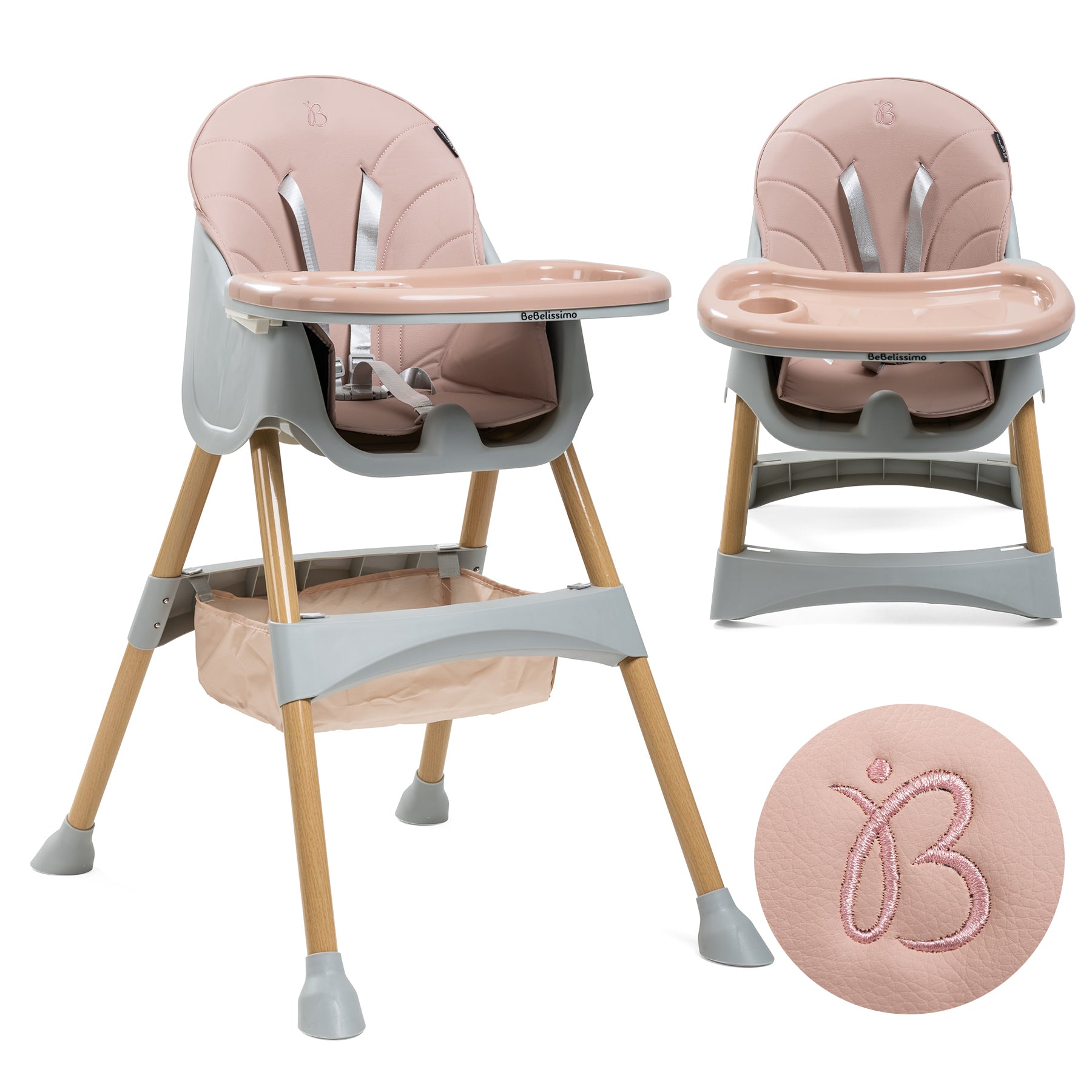Chaise haute 2 en 1 - Evolutive - Réglable - Pliable - rose - woodie, BEBELISSIMO J'AIME