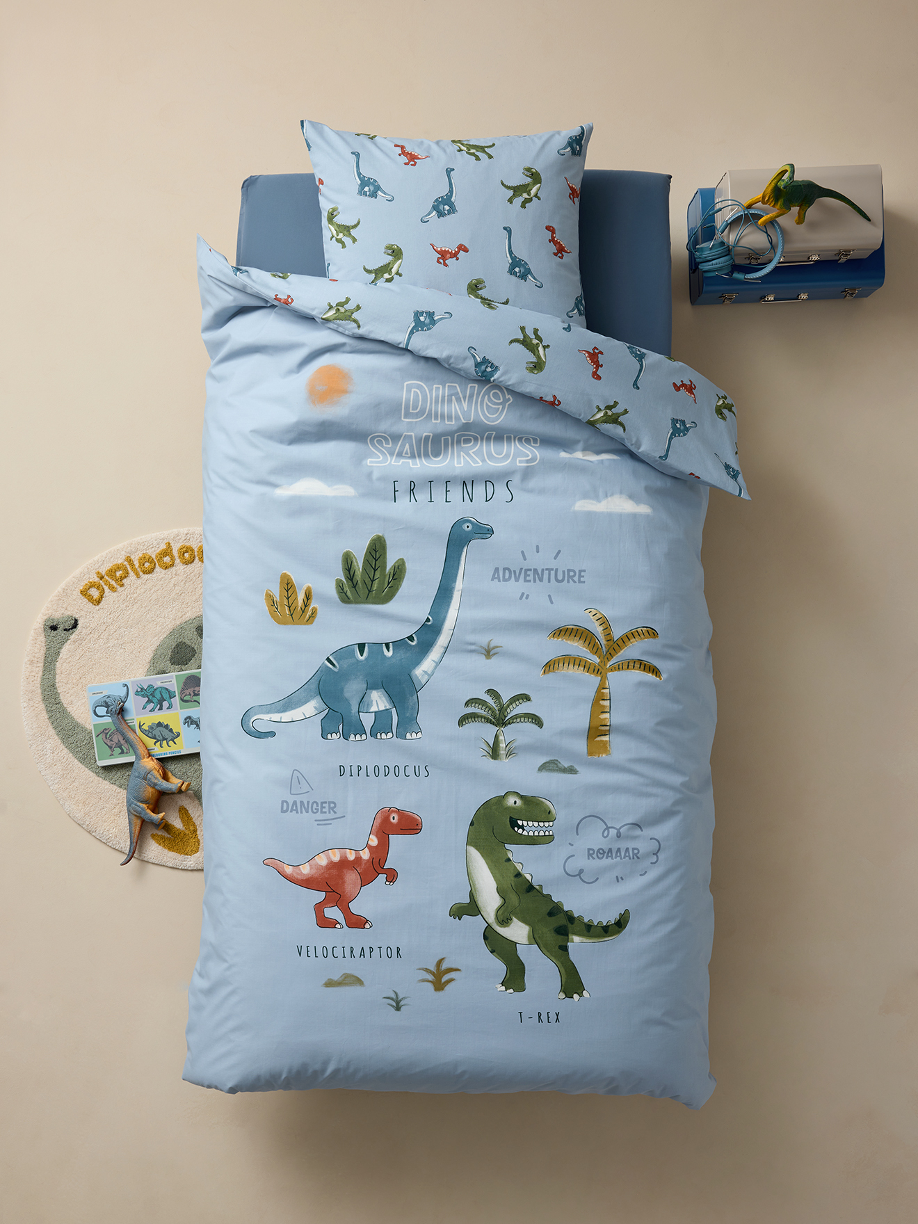 Parure housse de couette + taie d'oreiller avec coton recyclé DINO FRIENDS, VERTBAUDET