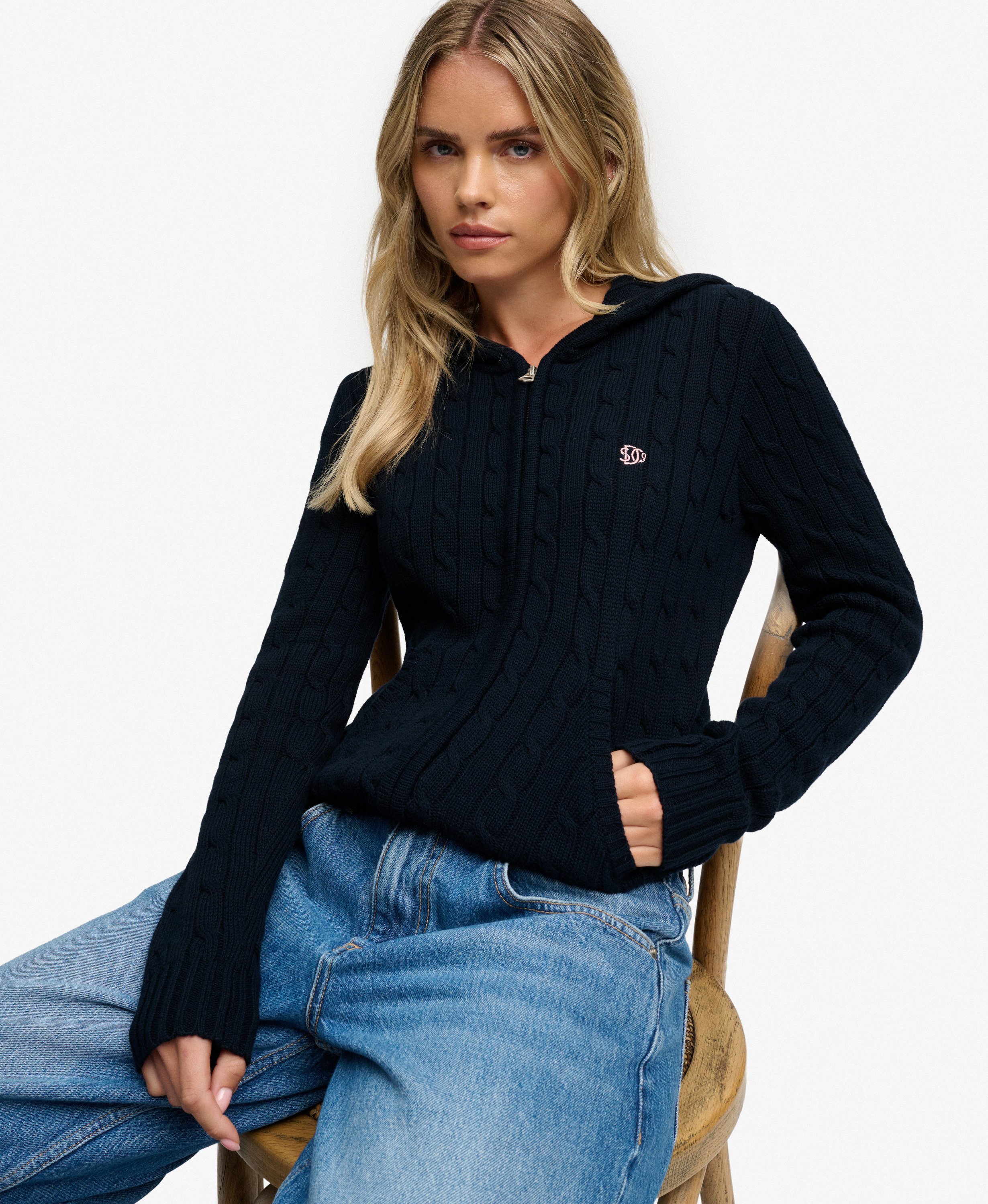 Sweat zippé à capuche Cable Knit coupe ajustée, SUPERDRY
