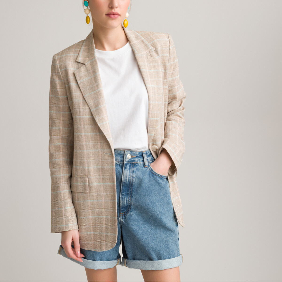 Cotton/Linen Blazer in Prince of Wales Check  LA REDOUTE COLLECTIONS image 0