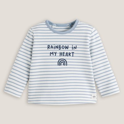 Striped Cotton Fleece Sweatshirt with Crew Neck and Press-Stud Back LA REDOUTE COLLECTIONS