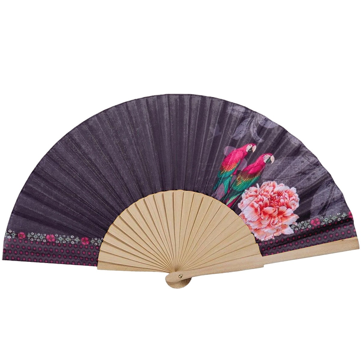 Éventail en bois,imprimé perroquets, MACAO, VENT DE BOHÈME