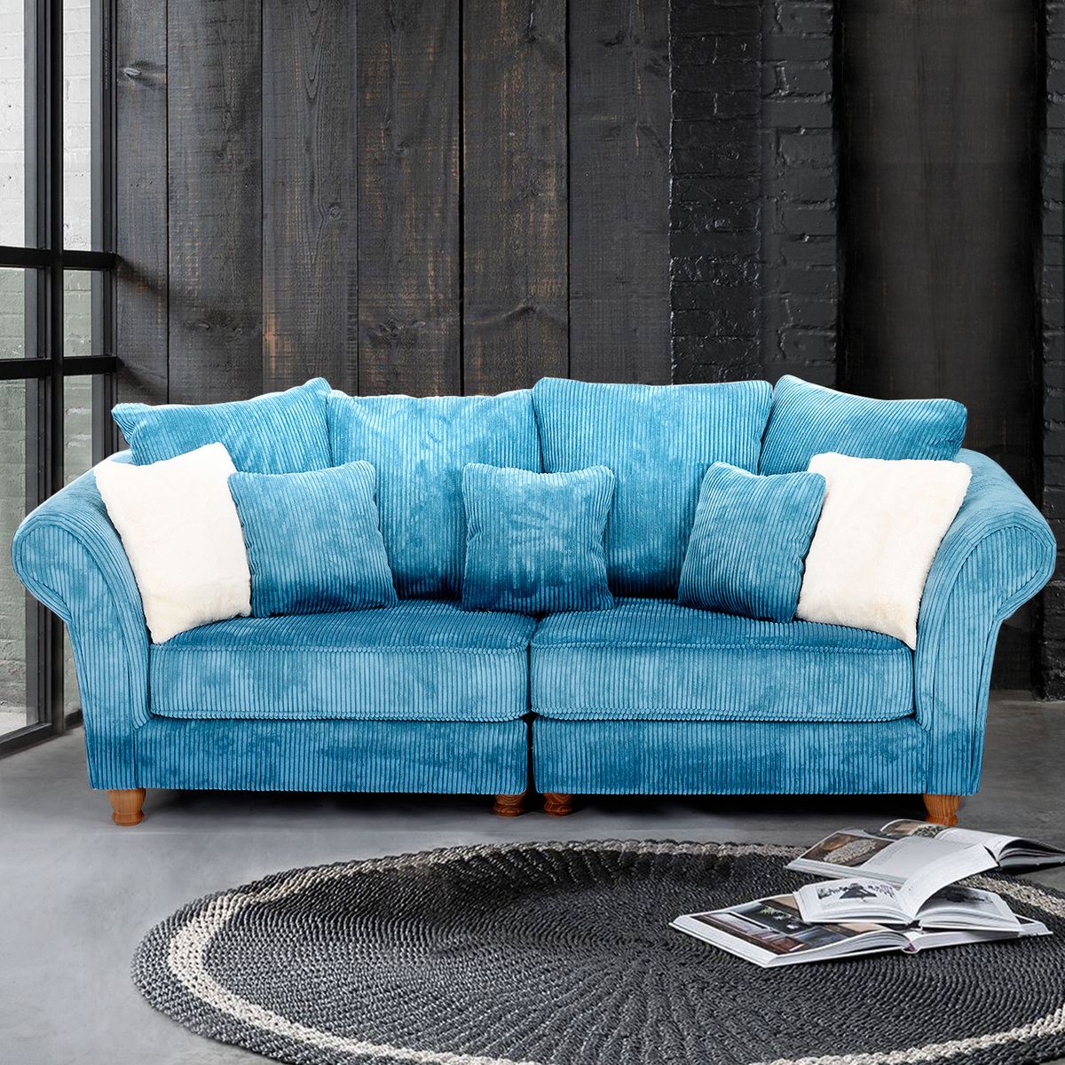 canape chesterfield 3 places en velours cotele bleu clara