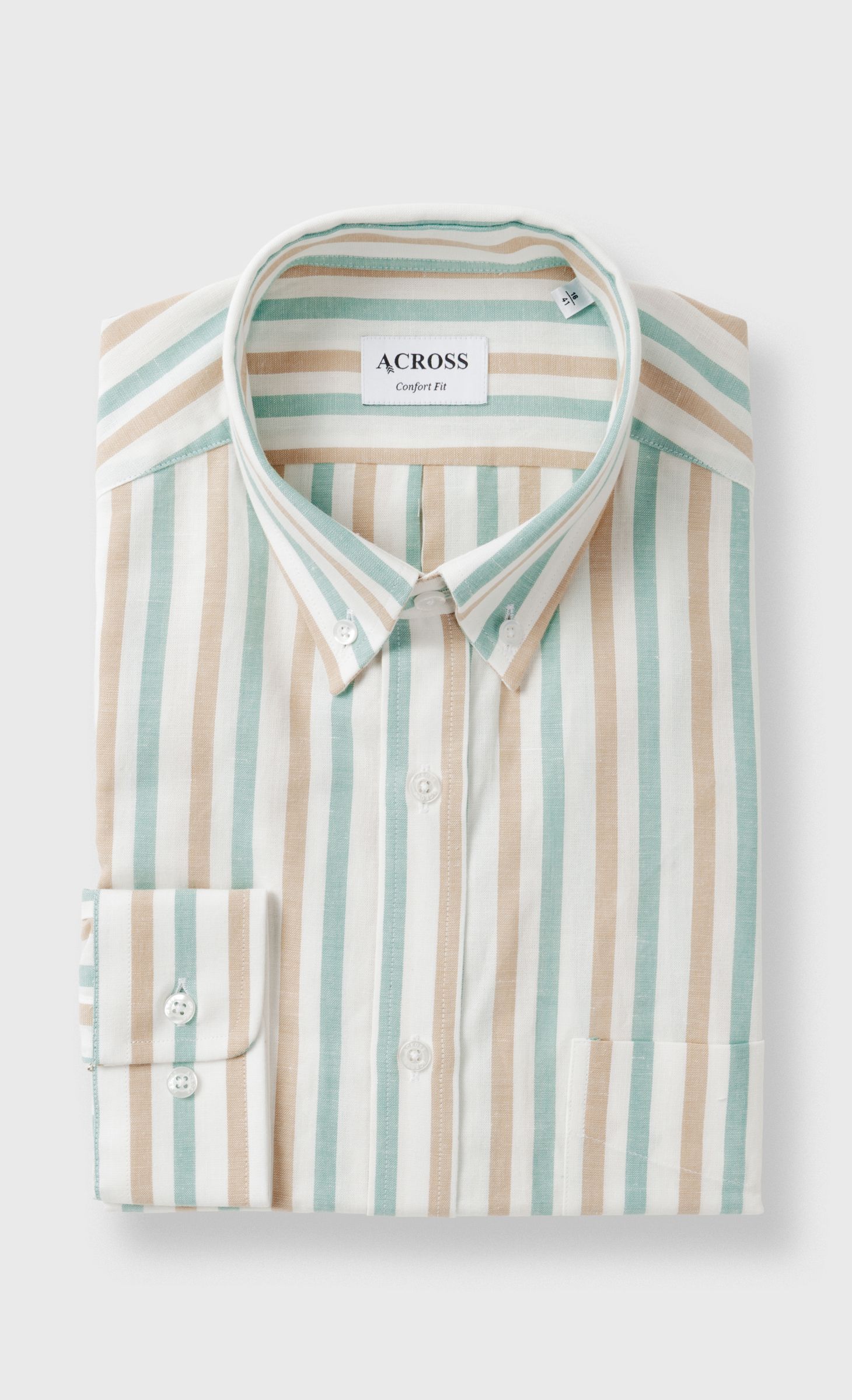 Chemise Confort fit col boutonné en coton lin à rayures vert, ACROSS