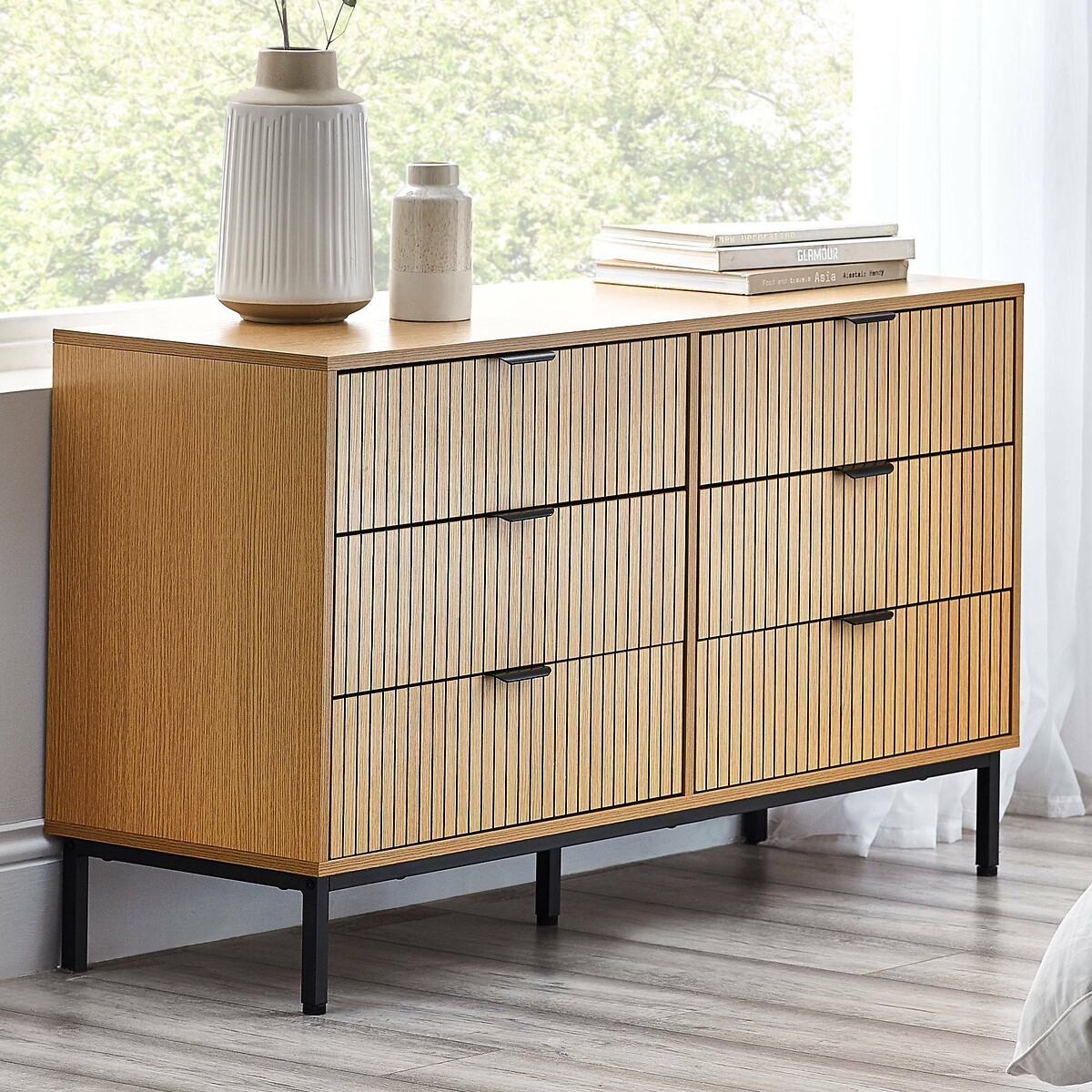 Gia Slatted Oak 6 Drawer Chest, SO'HOME