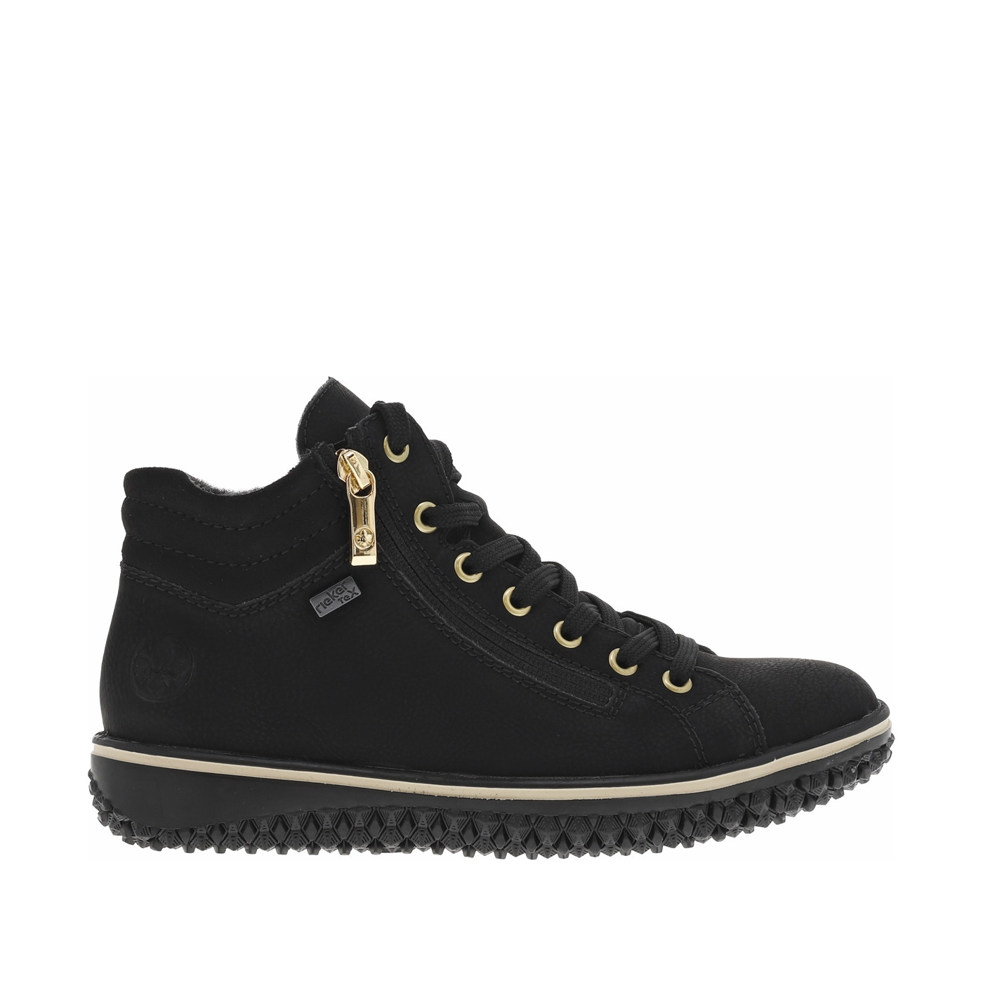 Bottines noires à talon compensé bas avec des lacets et 2 zips latéraux, RIEKER