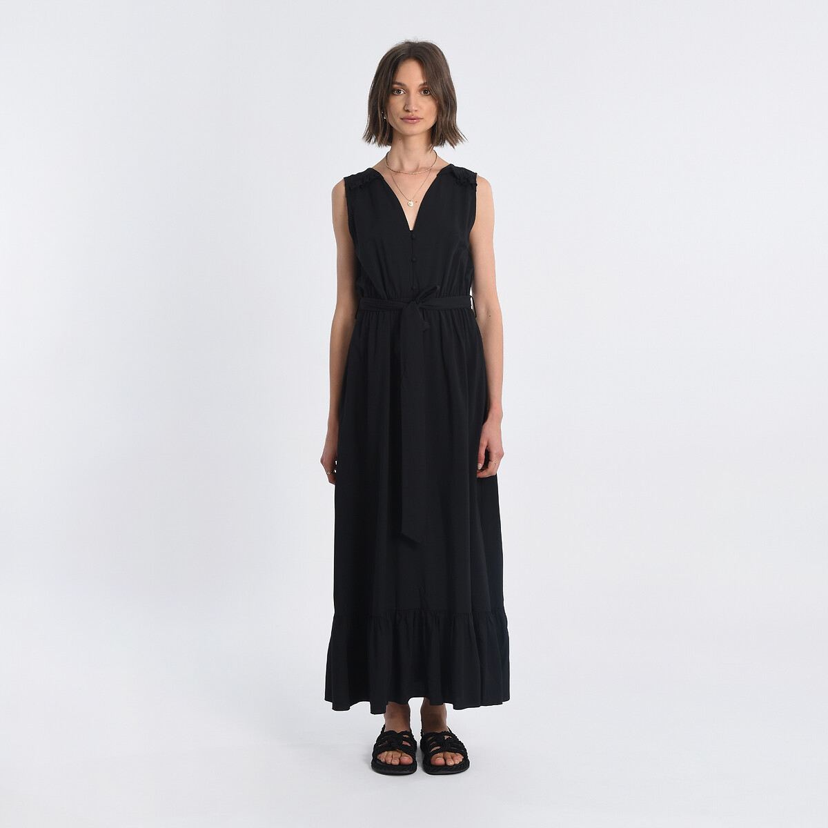 Sleeveless maxi dress with tie-waist, black, Molly Bracken | La Redoute