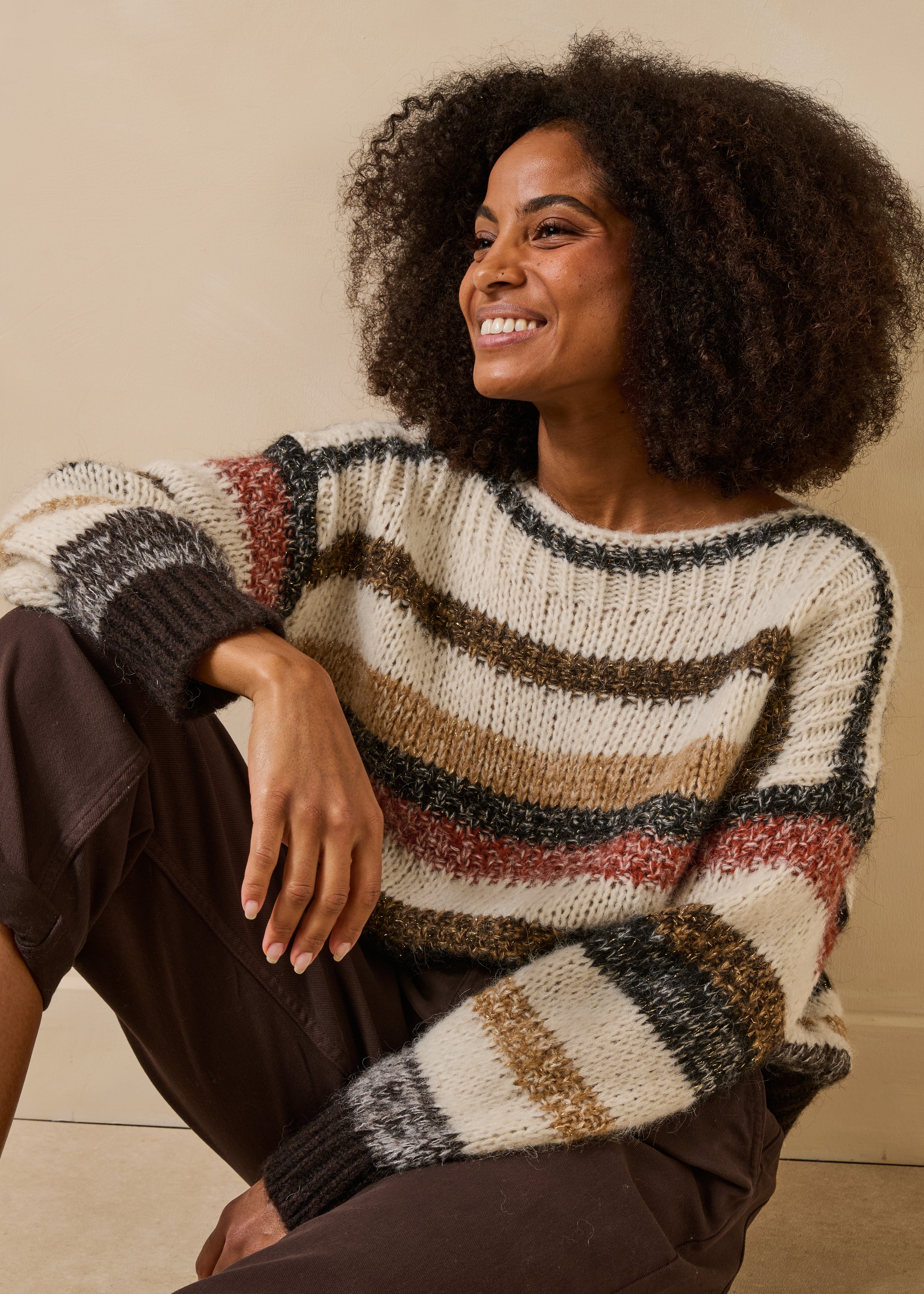 Pull rayé écru et beige ample manches longues, LA FEE MARABOUTEE