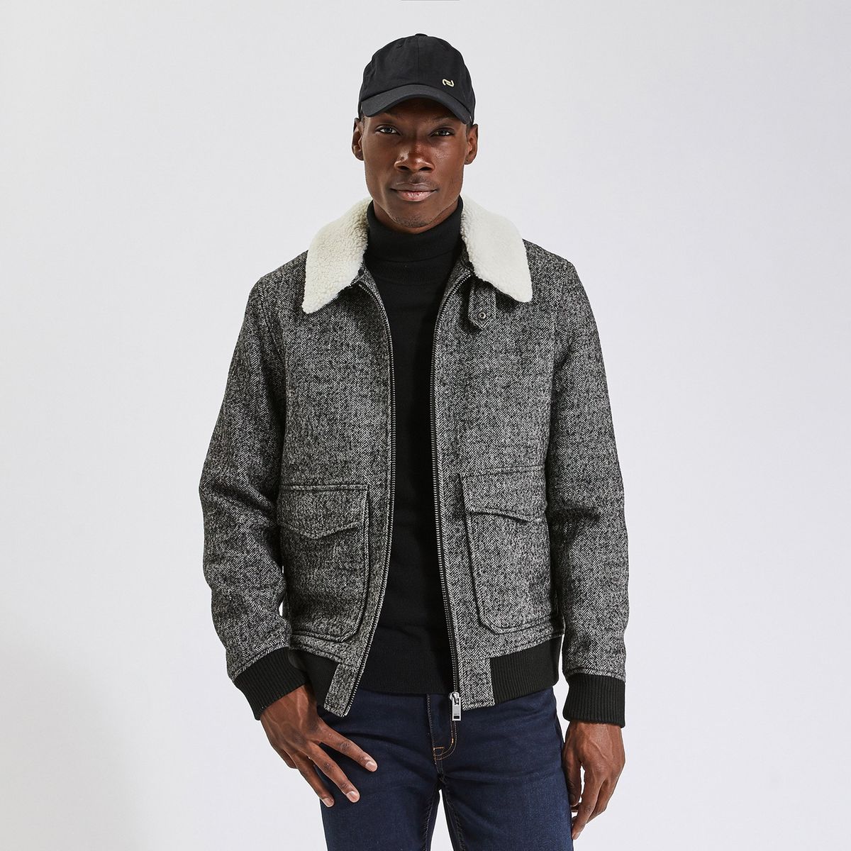 Blouson lainage fantaisie col en sherpa gris moyen Jules La Redoute