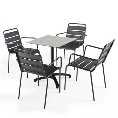 Salon de jardin table carrée inclinable en HPL et 4 chaises avec accoudoirs en métal OVIALA