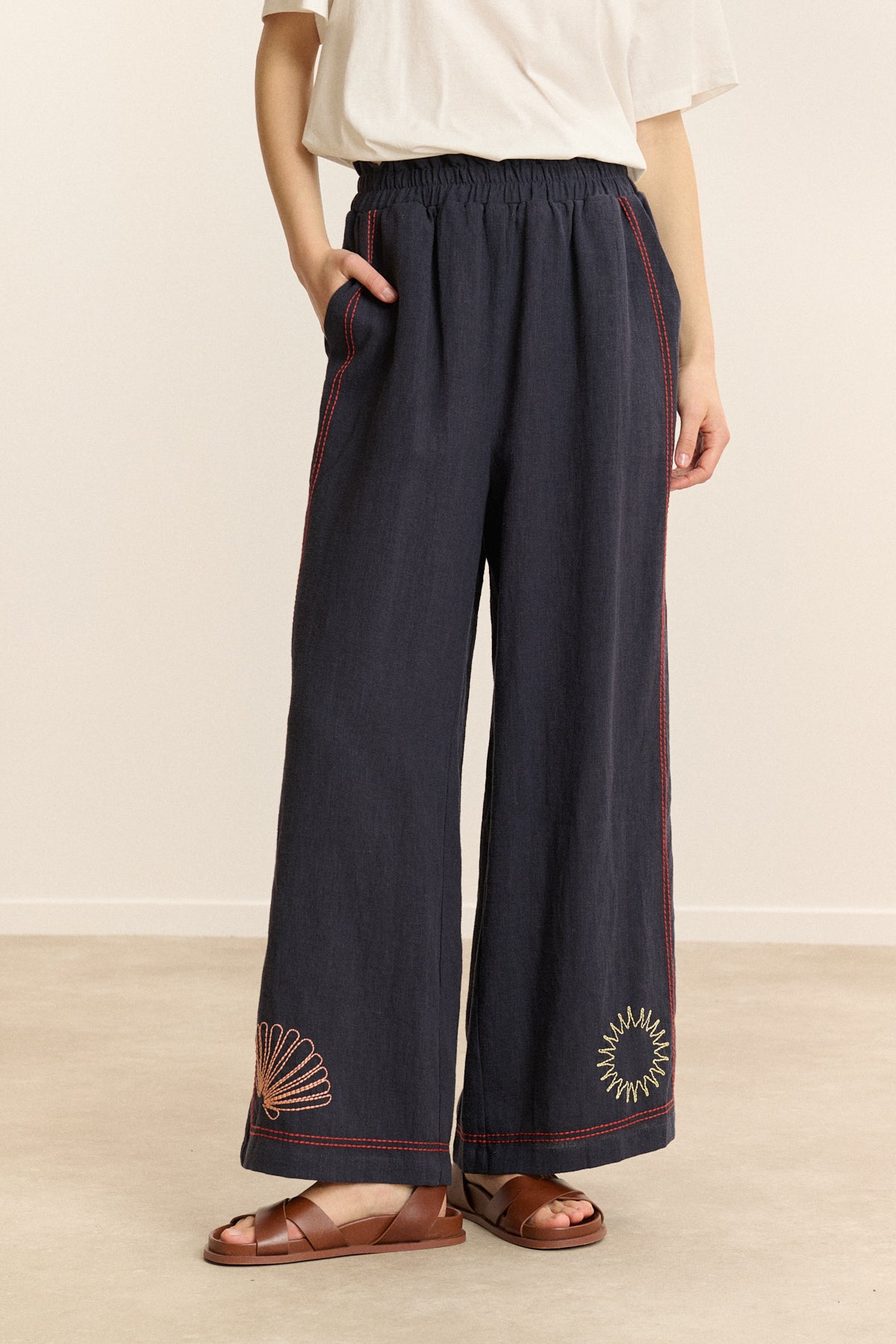 Pantalon large élastiqué avec broderie CONOR, GARANCE PARIS 