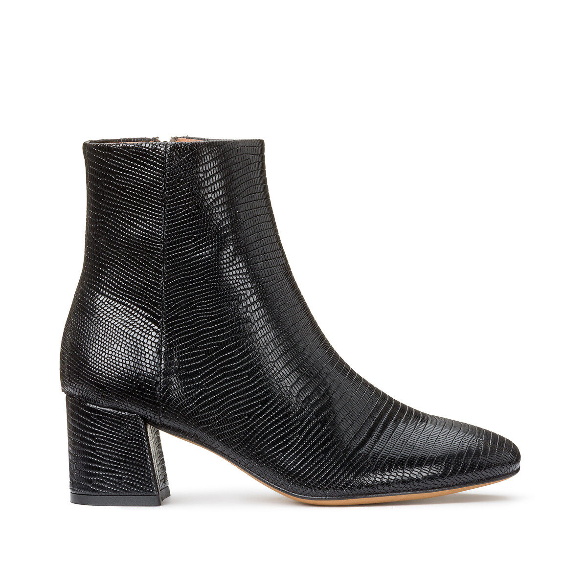 Dune Pointed Ankle Boots in Mock Croc Leather with Block Heel