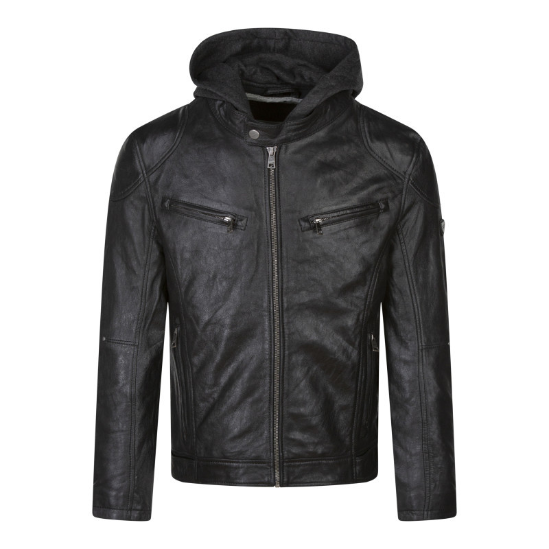 Blouson en cuir marron uni coupe ajustée col à capuche et fermeture zippée, GIPSY
