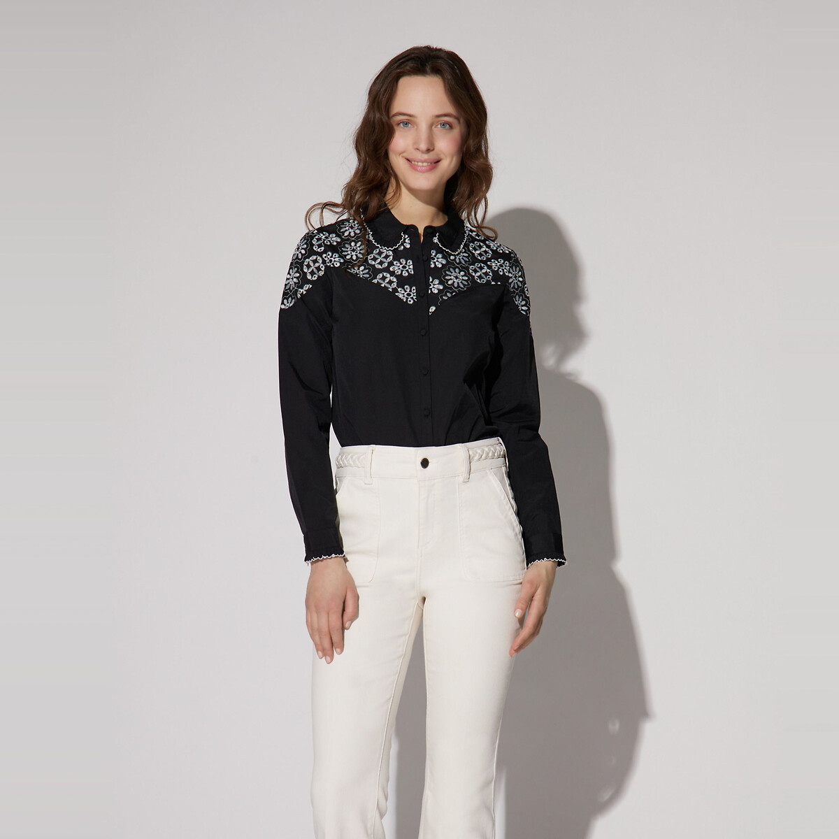 Embroidered Blouse with Gathered Peter Pan Collar