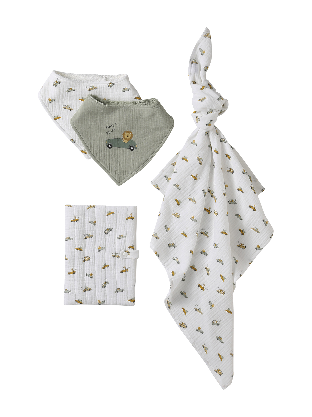 Coffret cadeau naissance 4 pièces : 2 bavoirs + 1 lange + 1 protège-carnet, VERTBAUDET