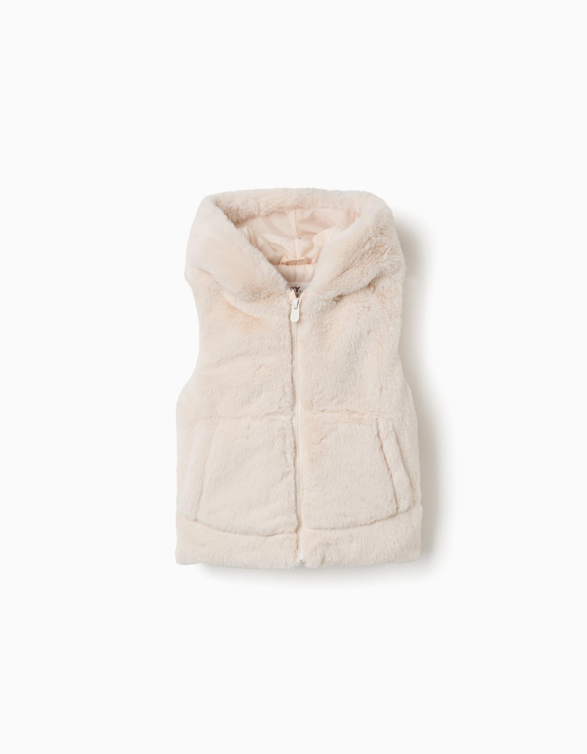 Gilet sans manches en peluche douce synthétique à capuche, ZIPPY