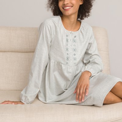 Cotton Mix Embroidered Nightdress with Long Sleeves LA REDOUTE COLLECTIONS