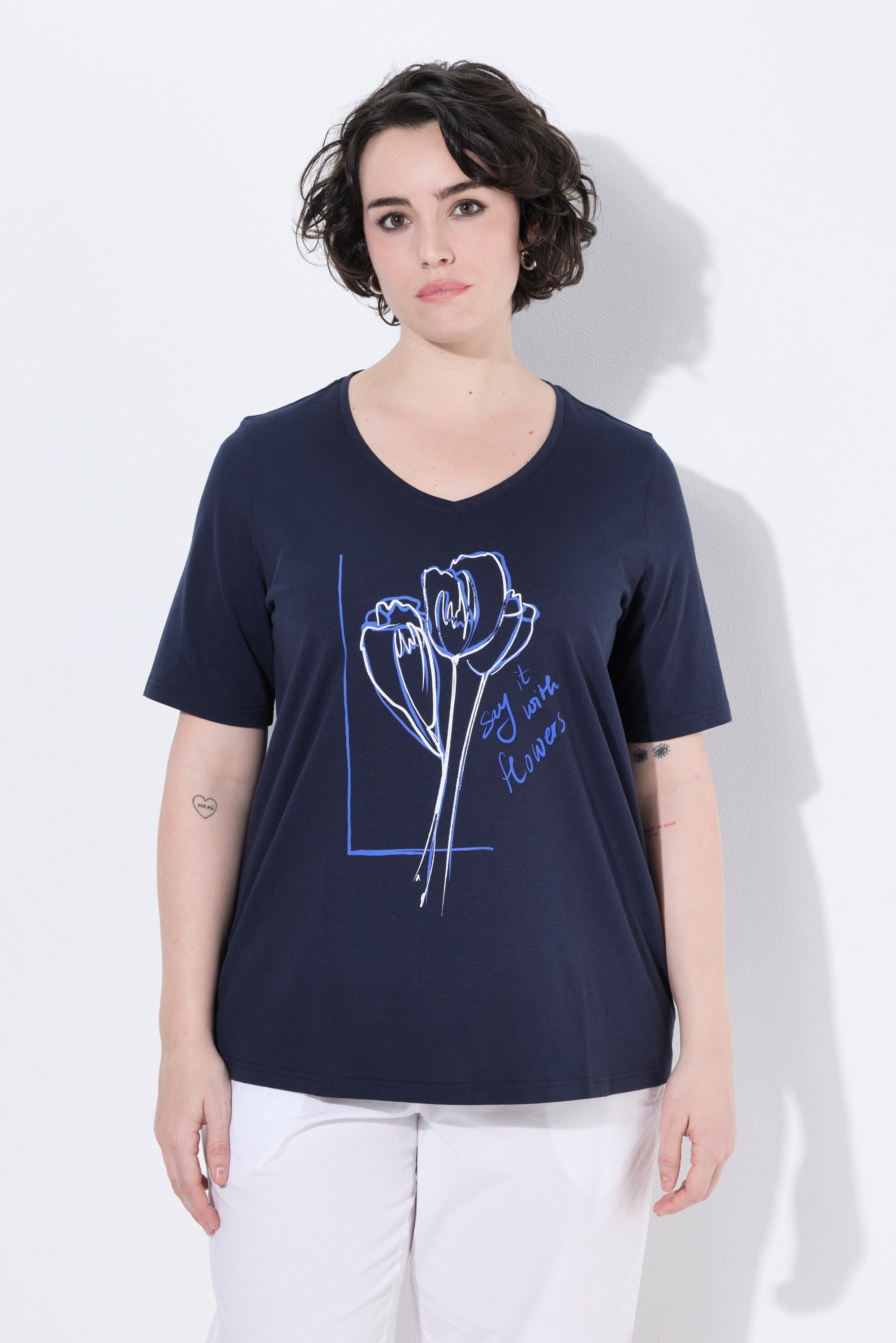 T-shirt, fleurs, col en V, manches courtes, ULLA POPKEN