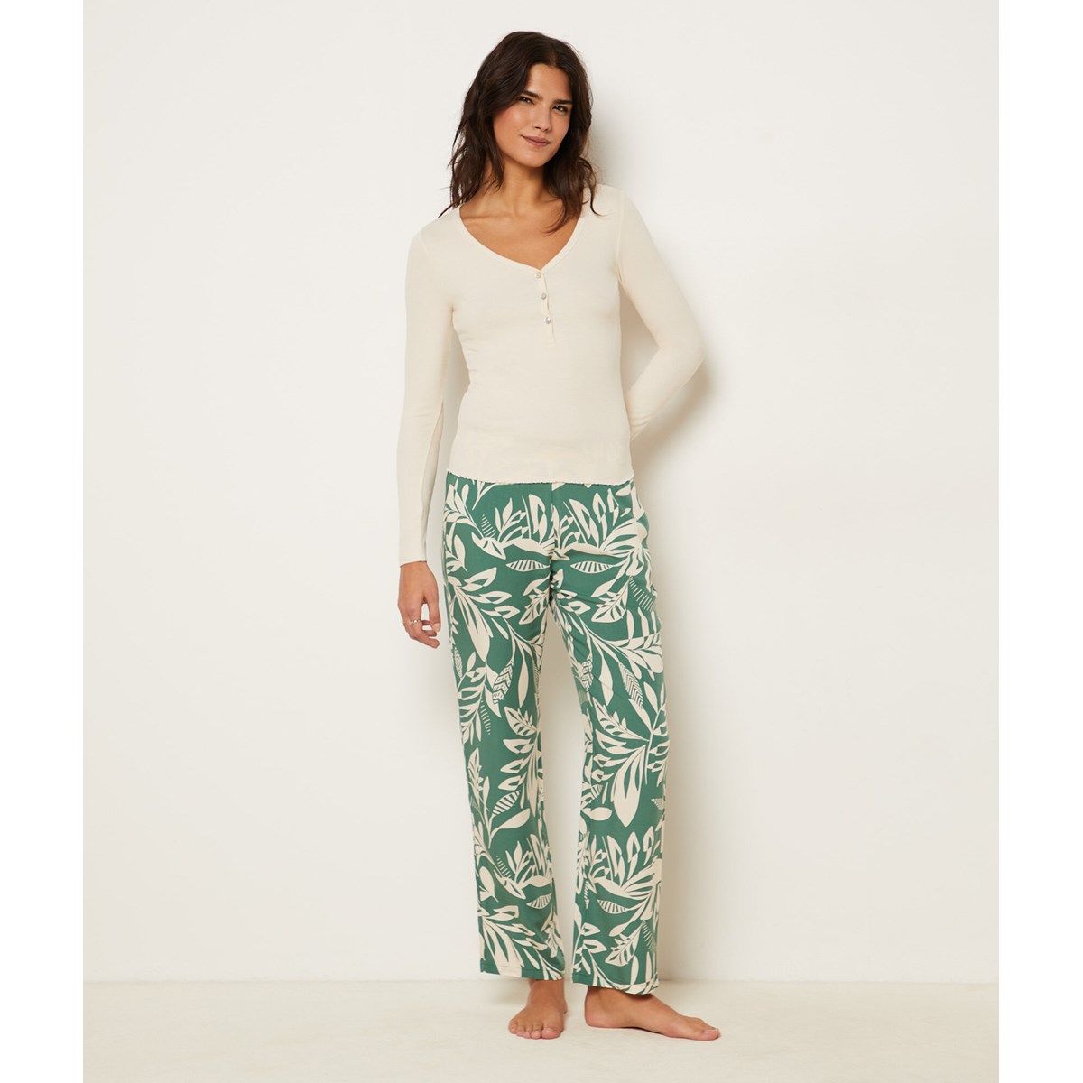 Pantalon de pyjama coupe droite imprim palmier aerri vert fonc