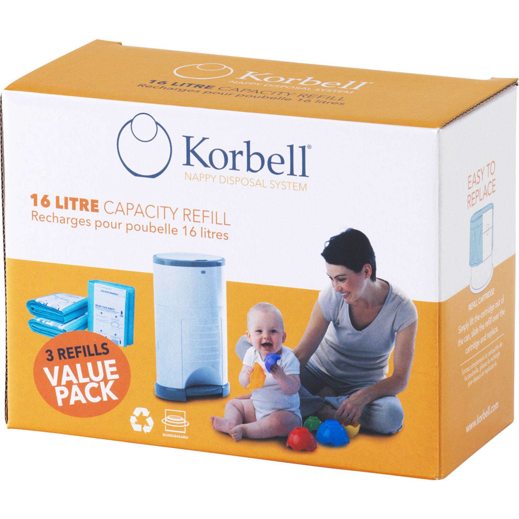 Pack de 3 recharges poubelle à couches 16L, KORBELL