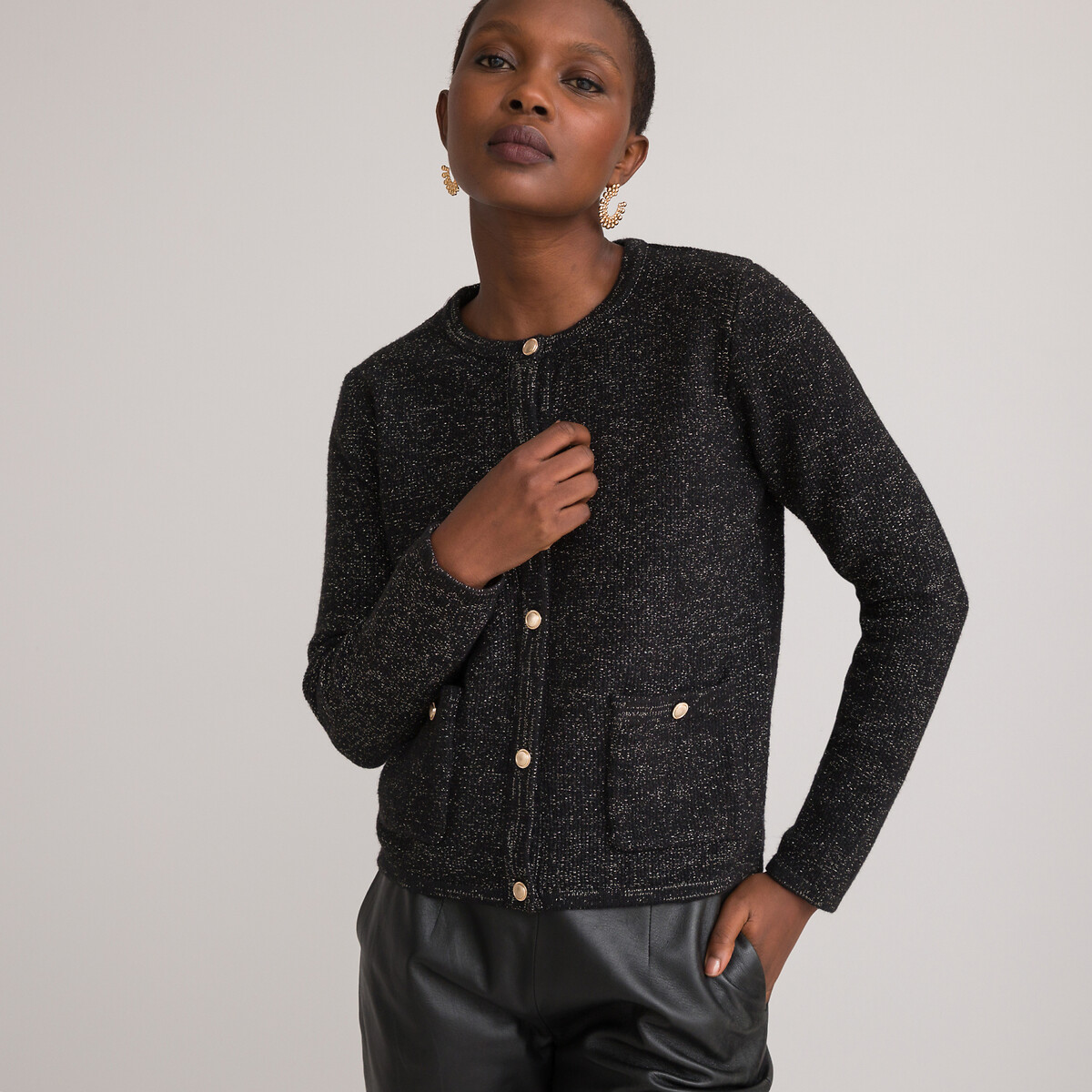 Image of Chunky Knit Buttoned Cardigan with Crew Neck