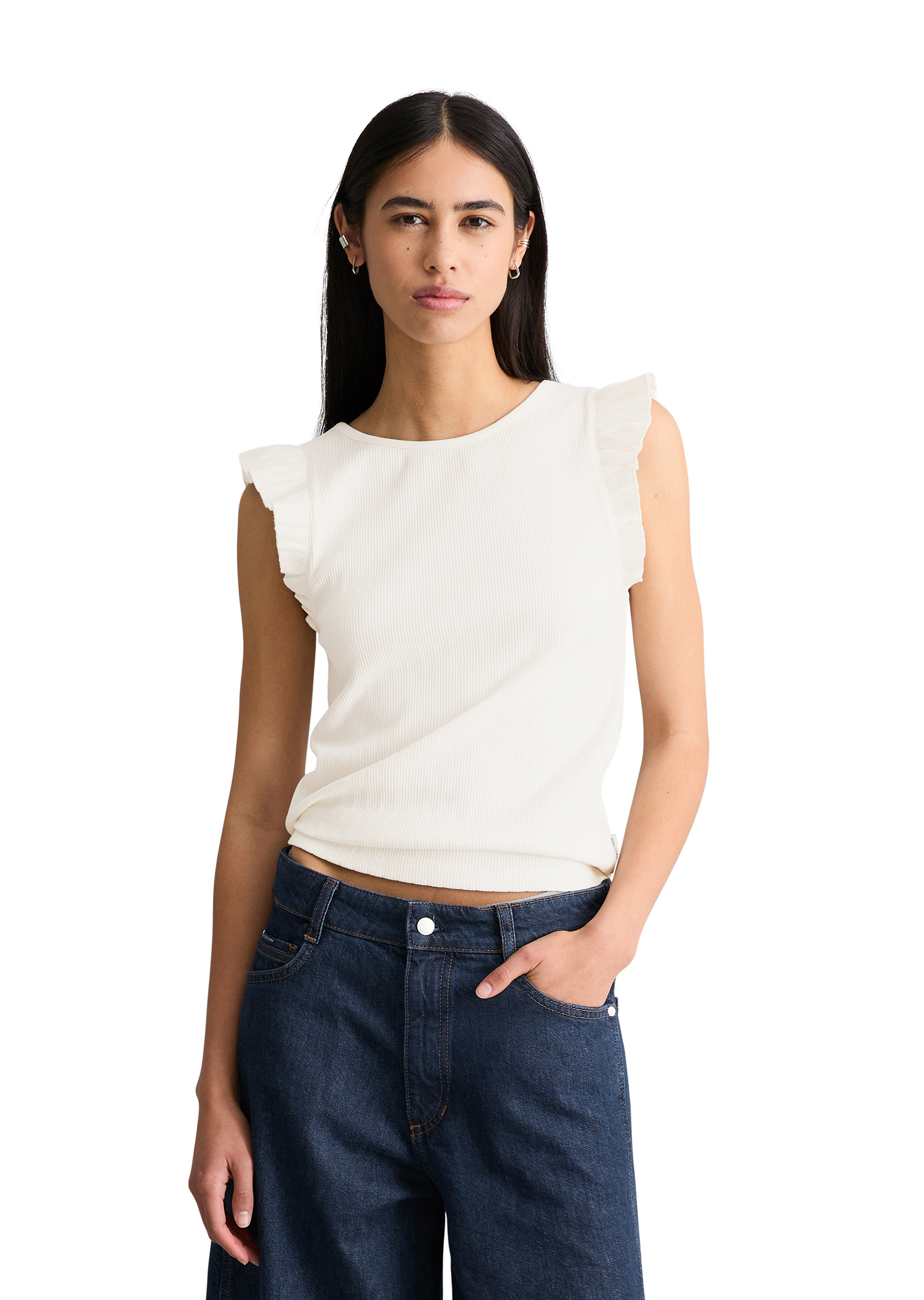 Top à volants sans manches regular en mélange de coton bio, MARC O’POLO DENIM