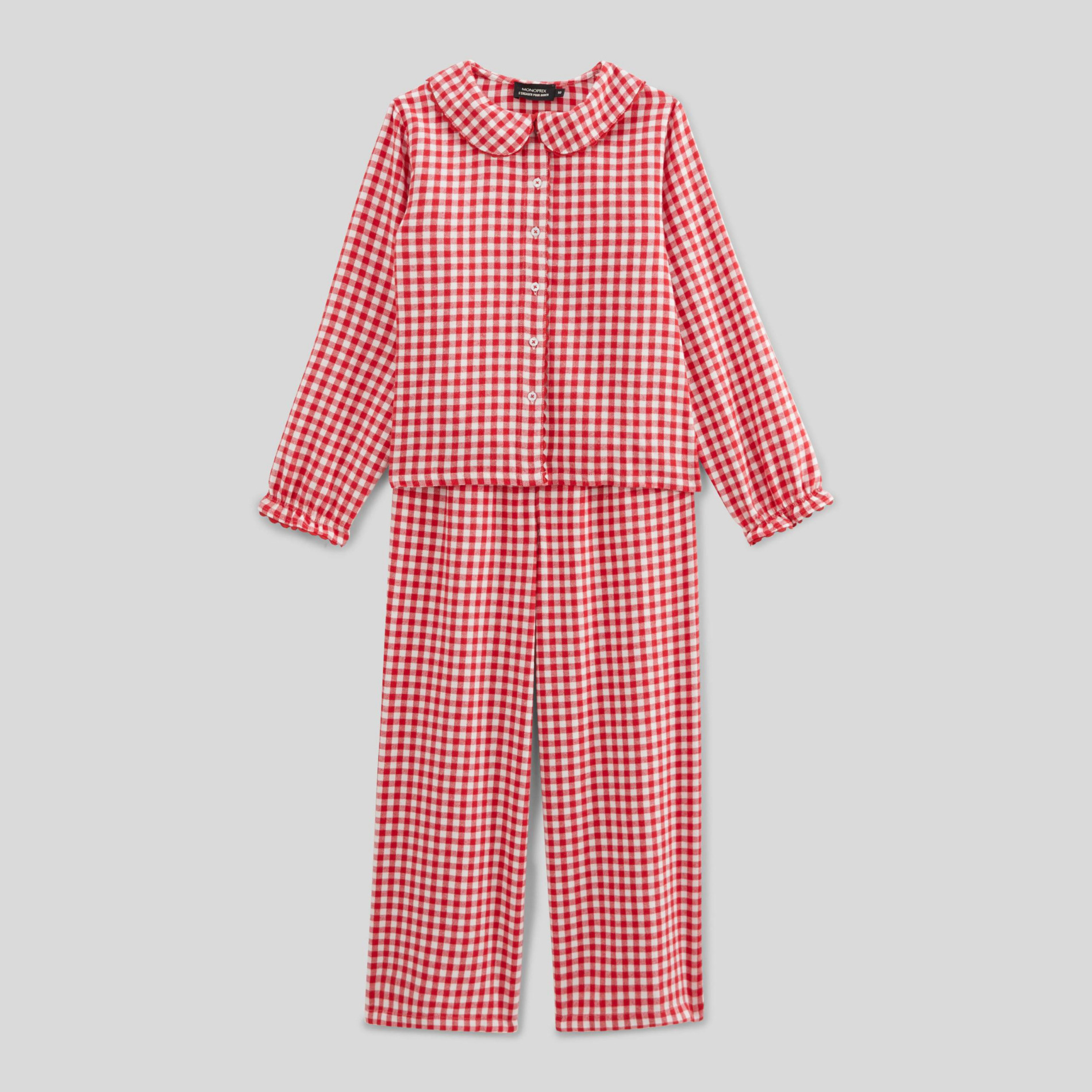 Pyjama manches longues col claudine à carreaux en coton, MONOPRIX