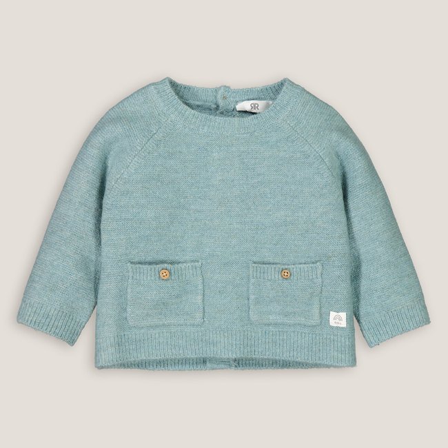 Pull col rond en fine maille turquoise chiné <span itemprop=