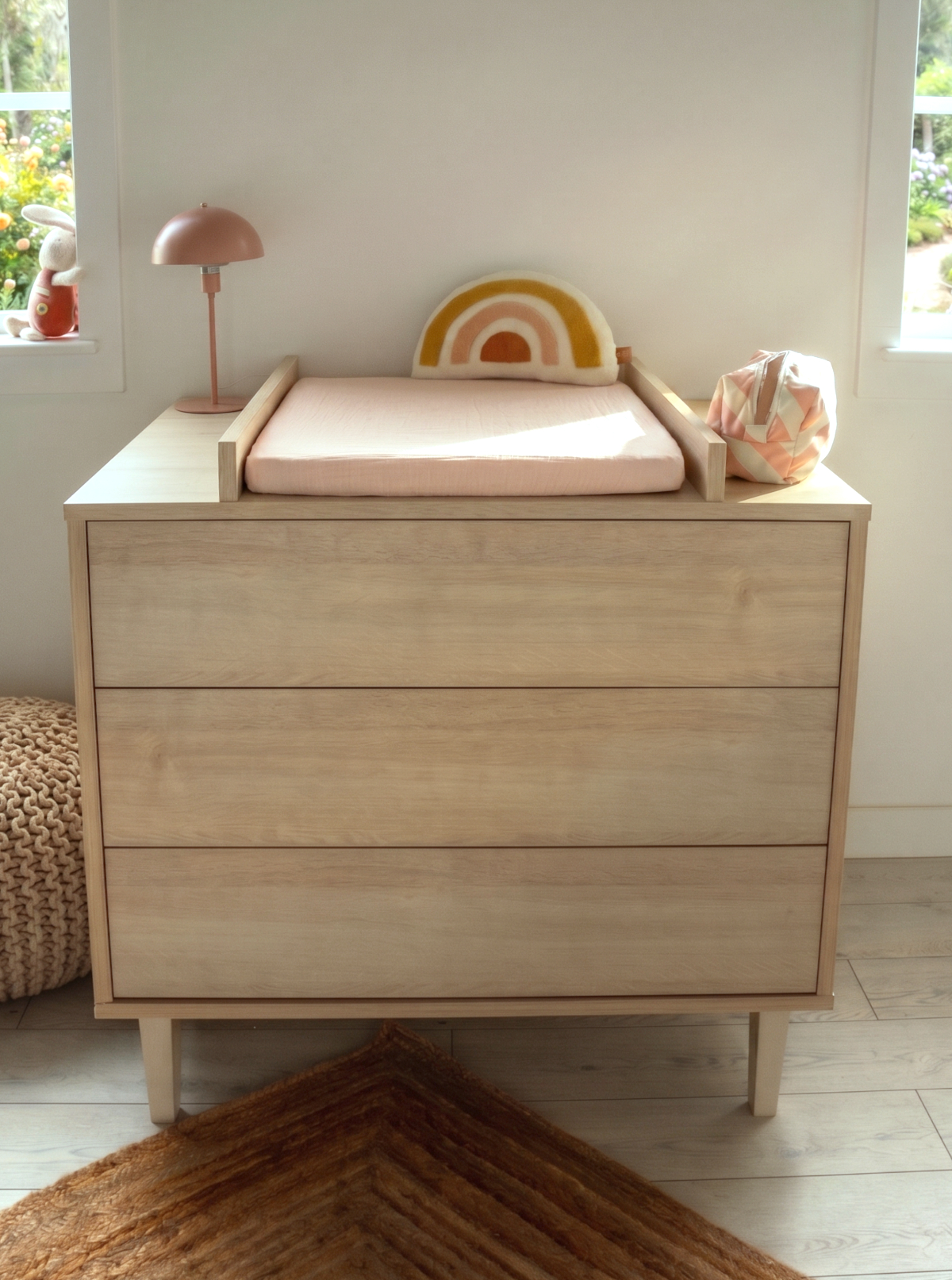 Commode à langer 3 tiroirs sur pieds - décor bois hêtre cendré, SAUTHON