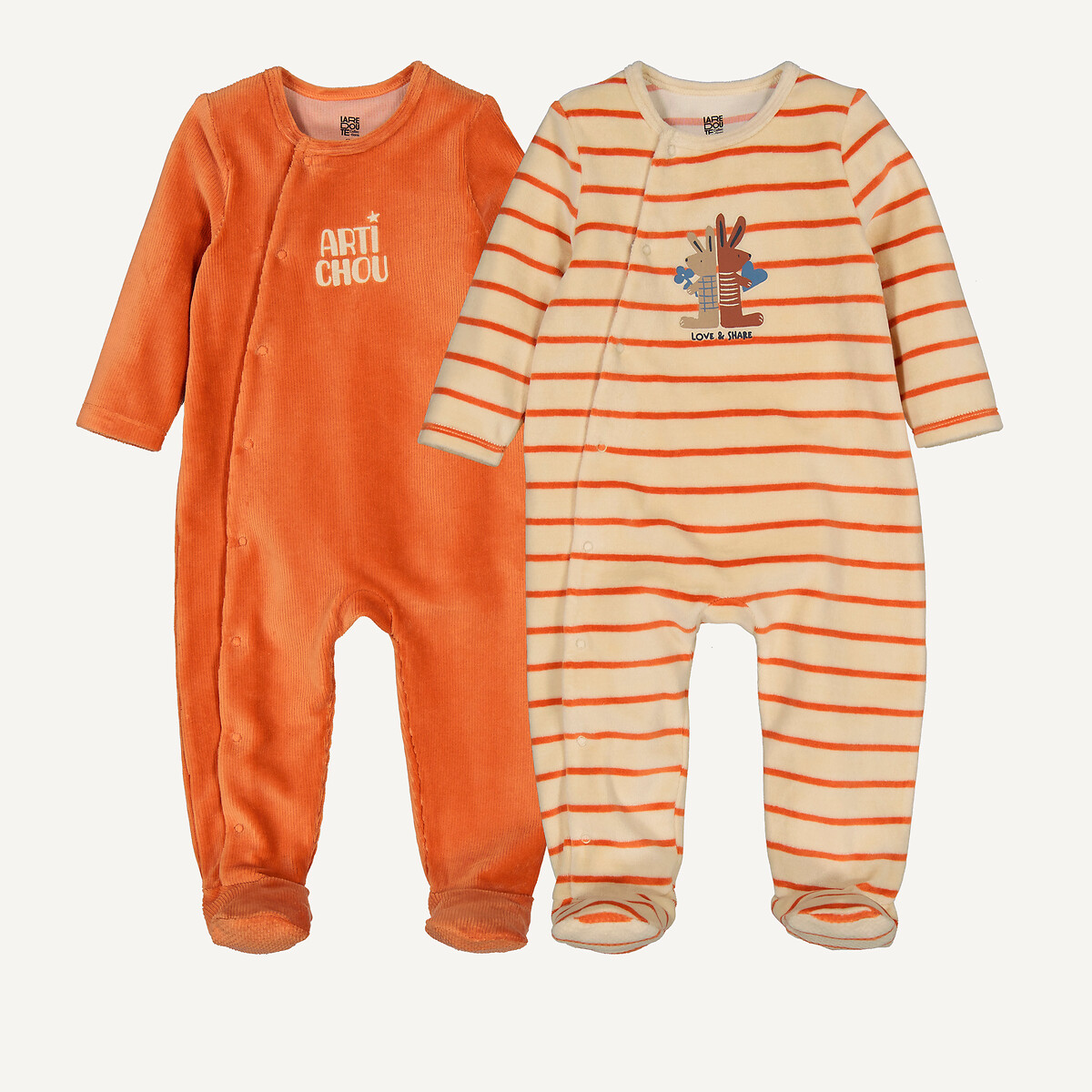 Lot 2 pyjamas 1 pièce velours, rayures et lapins