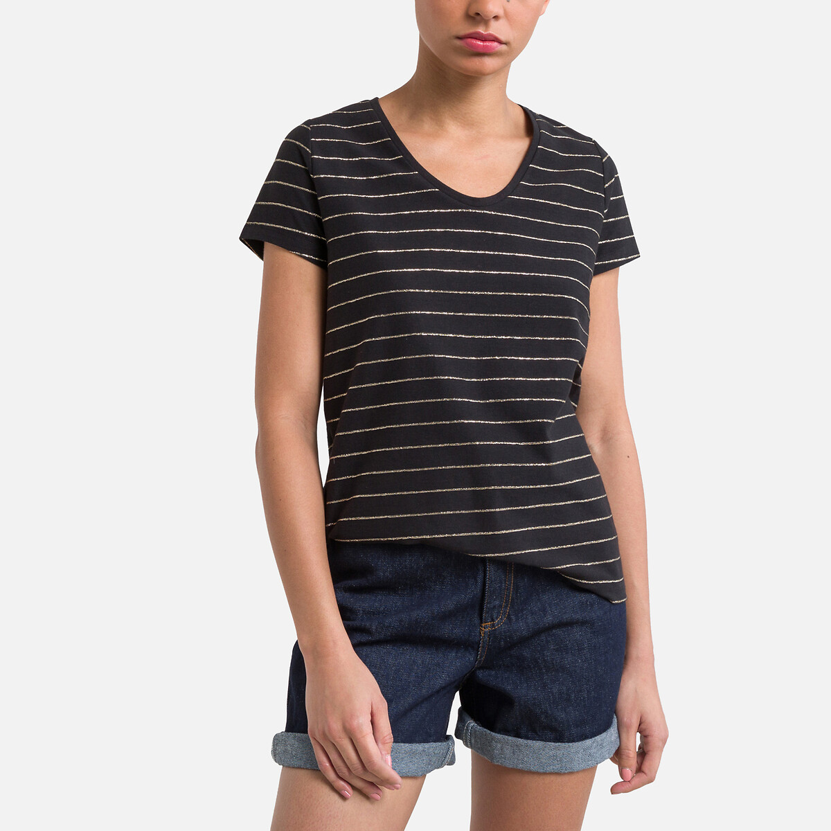 Striped Cotton T-Shirt with V-Neck