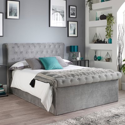 Scroll Top Tufted Grey Velvet Ottoman Storage Bed SO'HOME