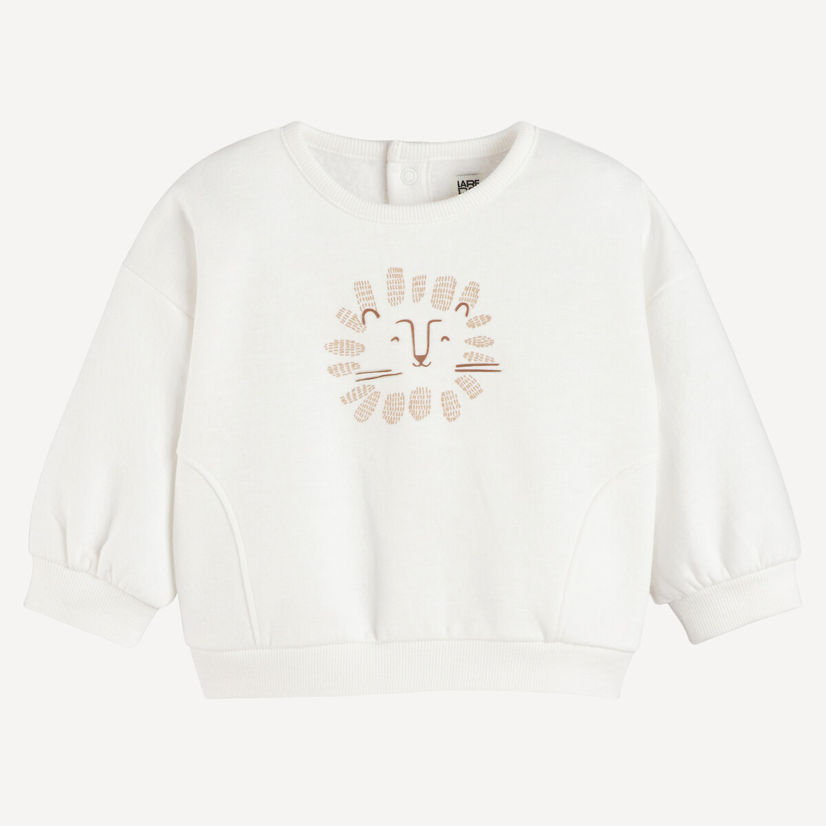 Sweater met ronde hals, drukknopen achteraan, leeuw motief