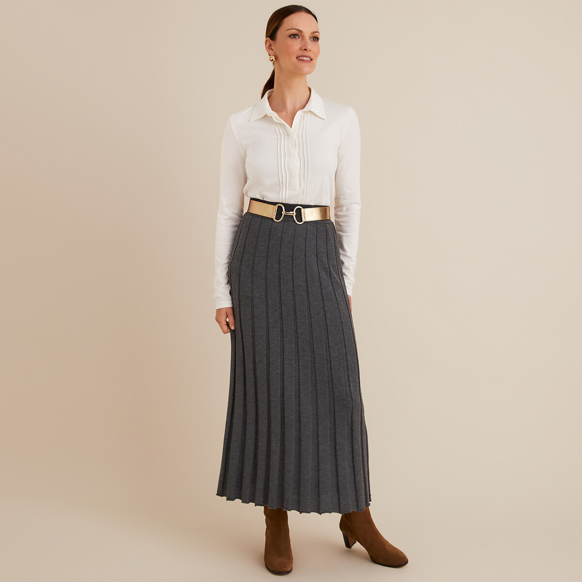 Pleated knit maxi skirt charcoal Anne Weyburn La Redoute