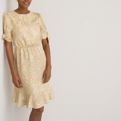 Floral Cutout Back Dress with Ruffled Hem and Short Puff Sleeves LA REDOUTE COLLECTIONS