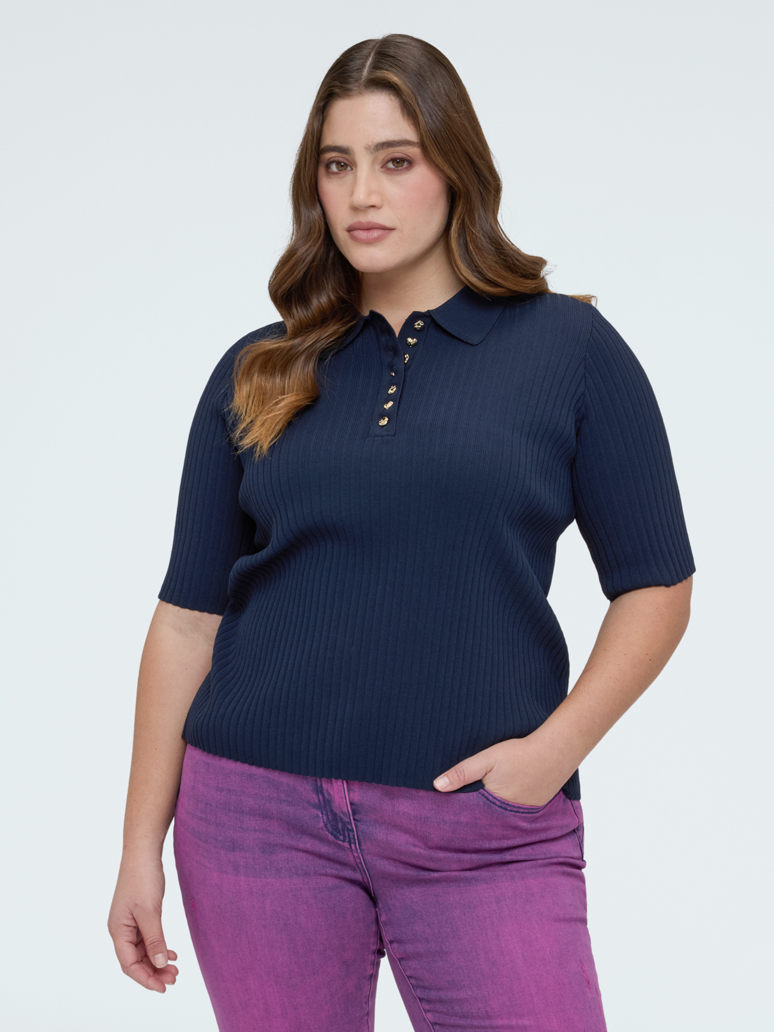 Polo côtelé avec boutons décoratifs, FIORELLA RUBINO