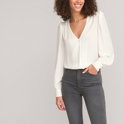 Recycled V-Neck Blouse with Long Sleeves LA REDOUTE COLLECTIONS