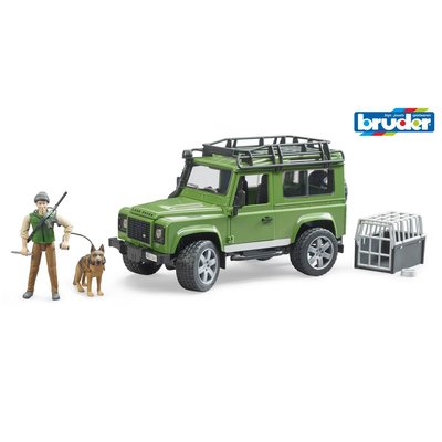 Land rover defender station wagon avec figurine forestier et un chien BRUDER