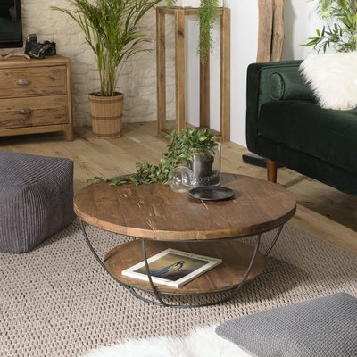 Table basse ronde double plateau D80cm bois recyclé teck et métal noir style contemporain SWING PIER IMPORT