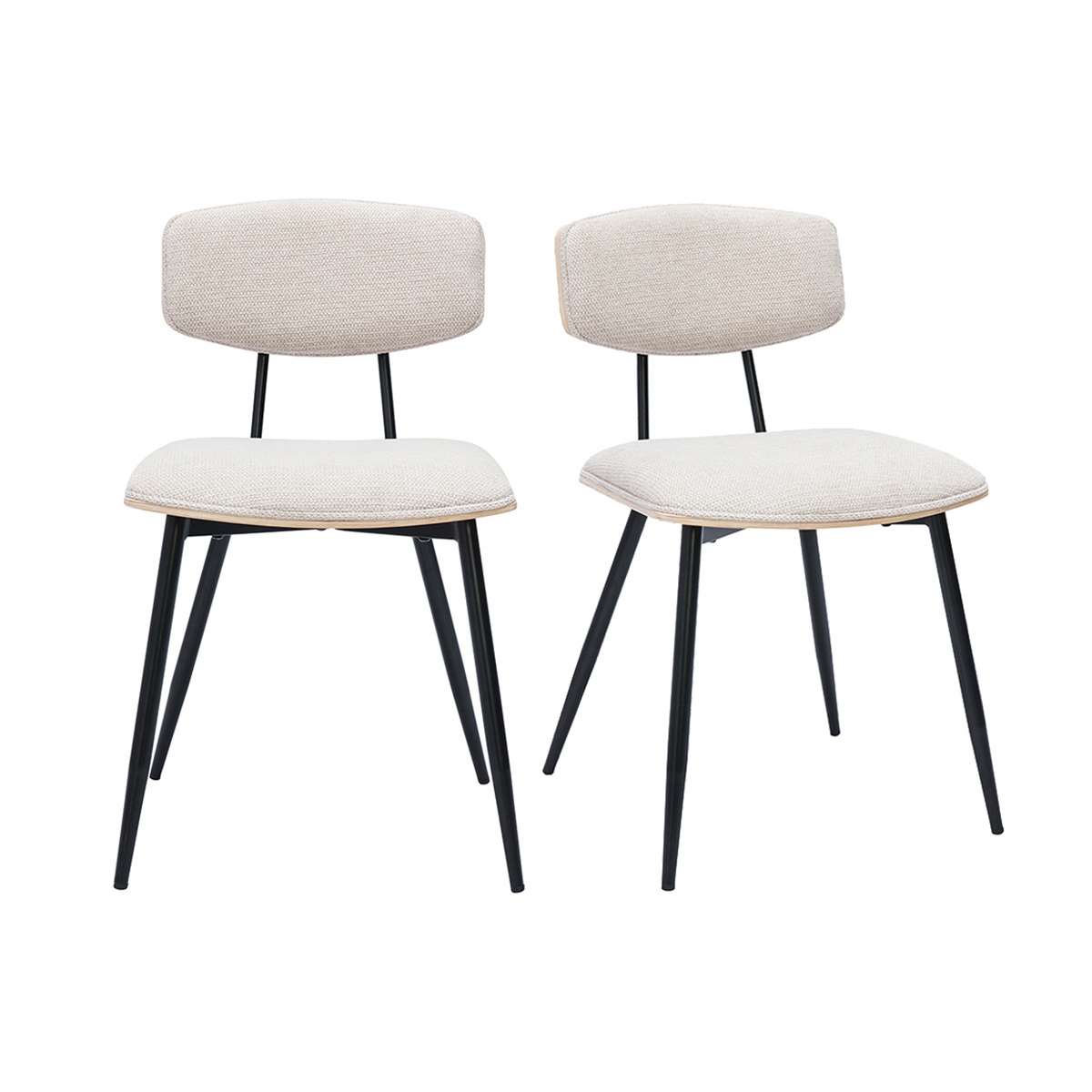 Chaises vintage en bois clair chêne assises tissu chenille beige et métal noir (lot de 2) JOLINE, MILIBOO