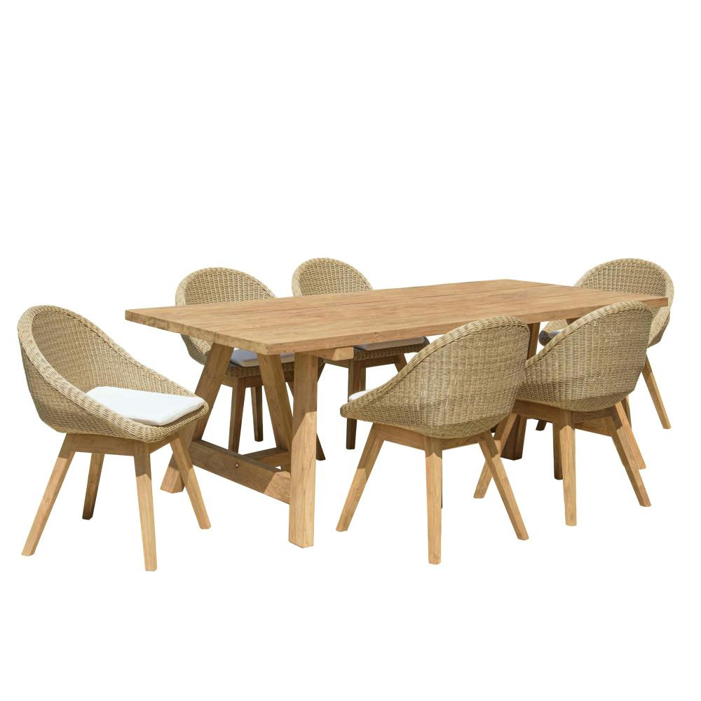 Salon de jardin teck naturel 1 table pieds tréteaux 220 cm + 6 chaises arrondies résine tressée MANY, PIER IMPORT